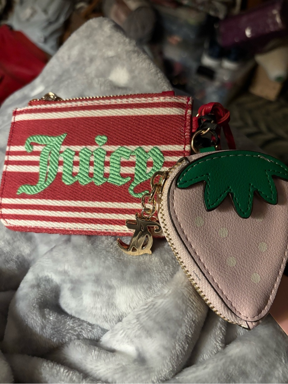 Juicy Couture Red and White Striped Mini Bag with Pink Strawberry Charm